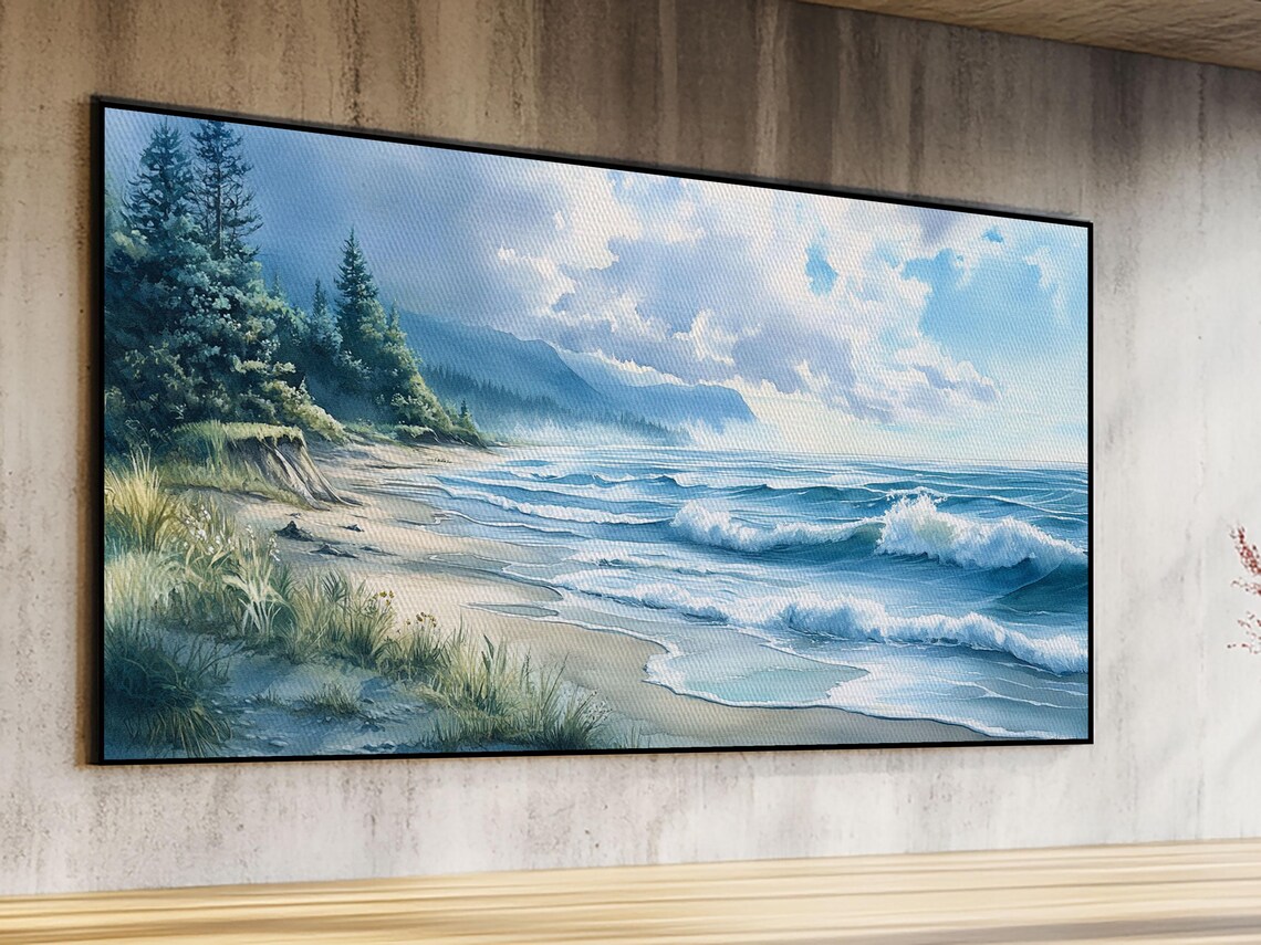 Misty Coastal Morning Seascape Painting Waves Pine Forest Beach Art Poster - Image 2