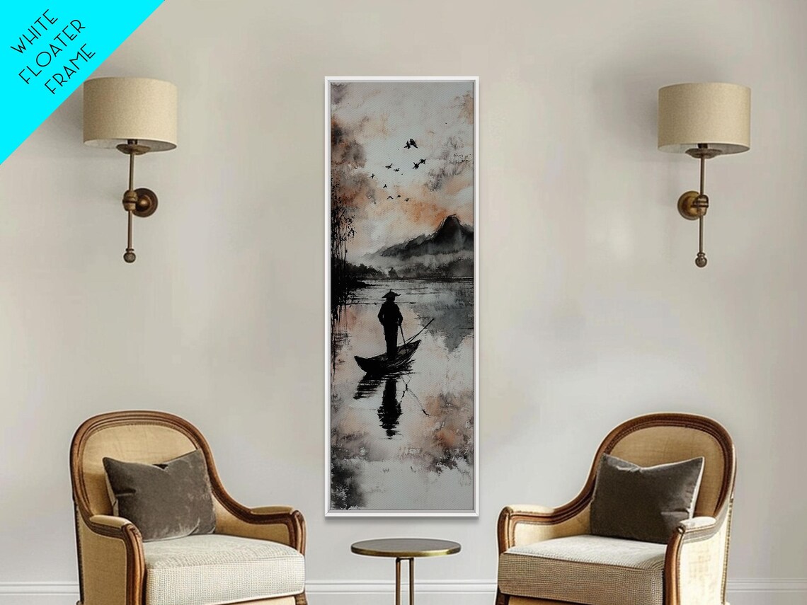 Misty Lake Fisherman in Boat Ink Wash Mountains Birds Wall Art
