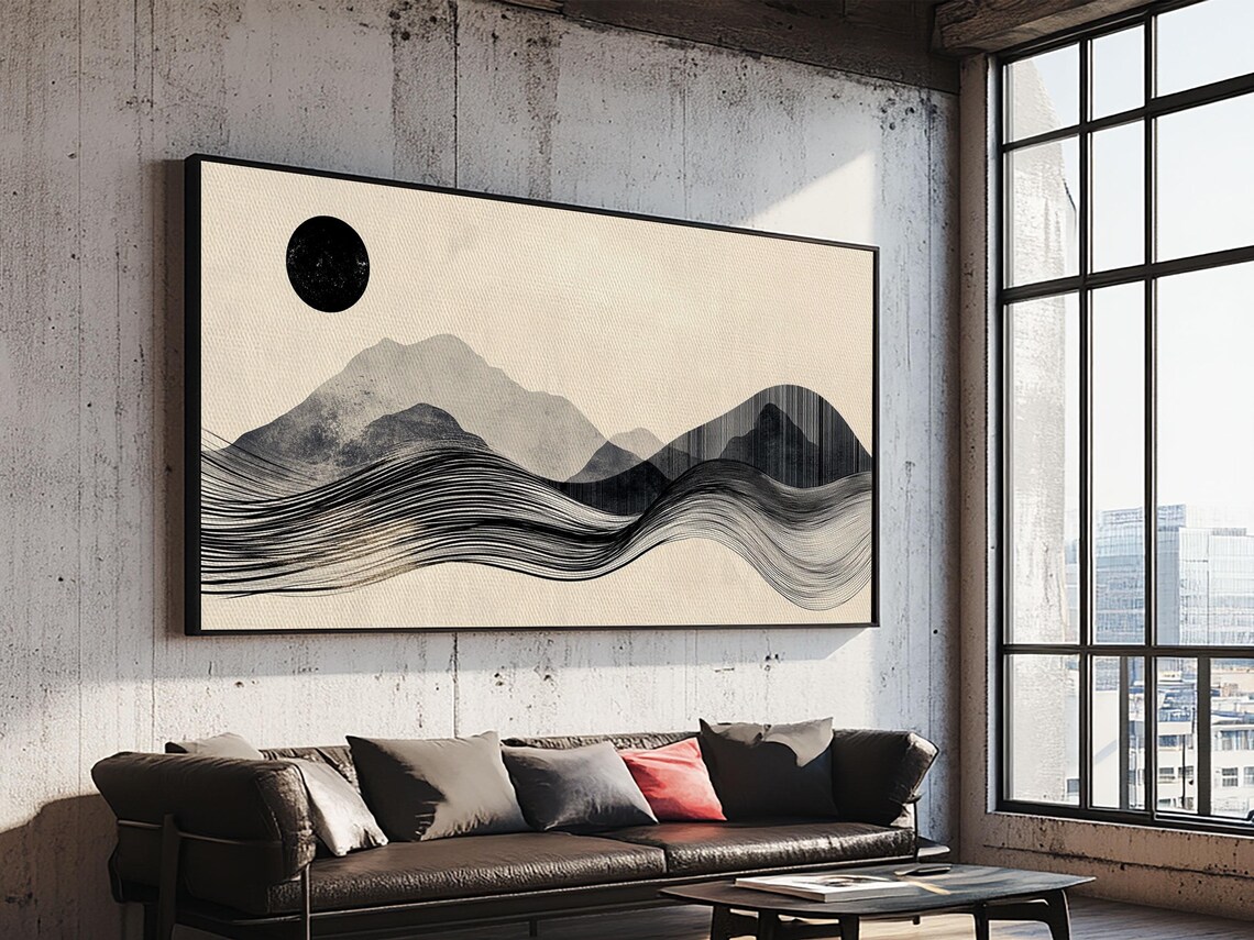 Abstract Mountain Landscape Framed Print Wabi Sabi Wall Art Minimalist Decor Rustic Line Art Idea Bedroom Artwork Vertical Design - Image 5