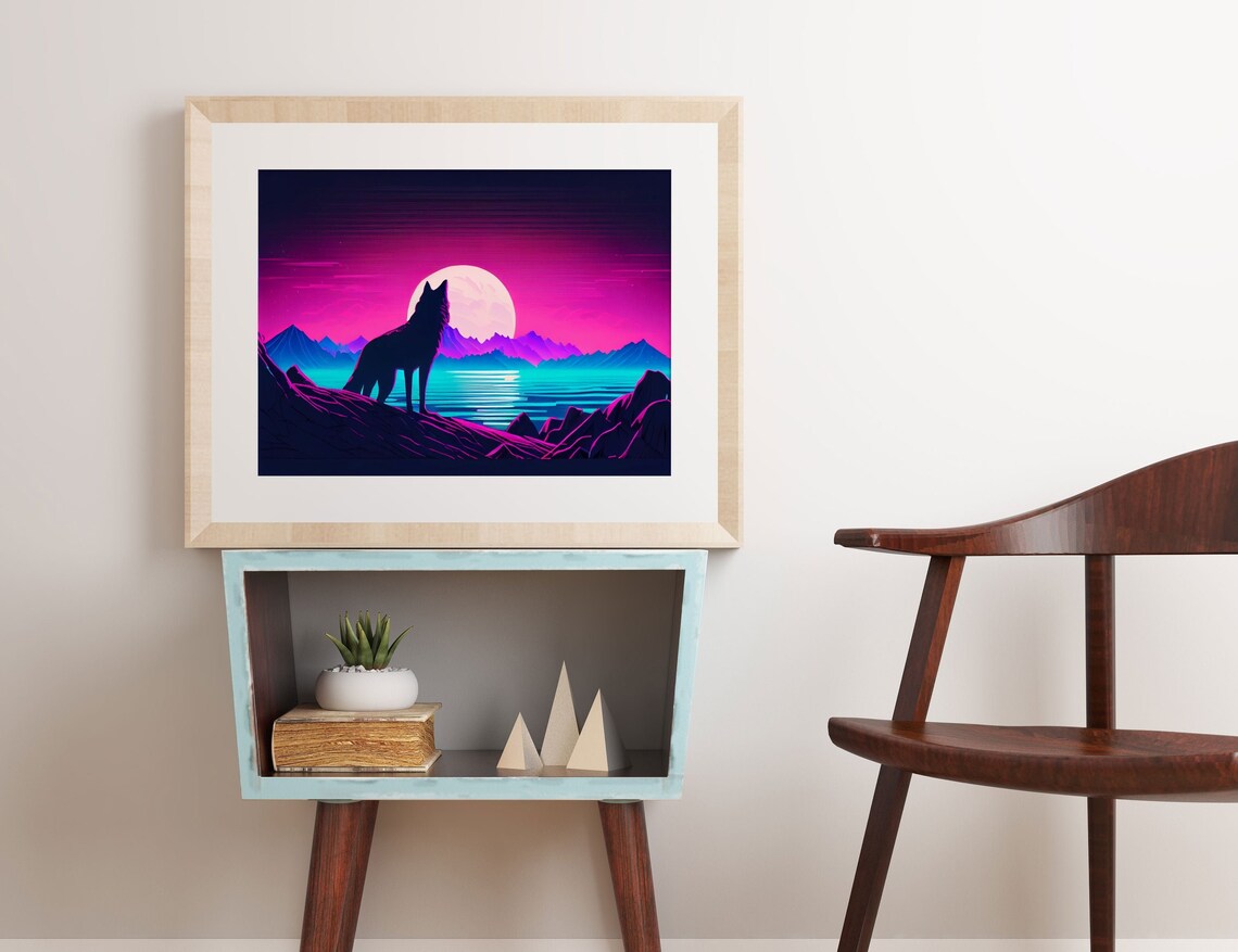 Wolf Silhouette Full Moon Synthwave Night Lake Mountains Wildlife Poster - Image 5