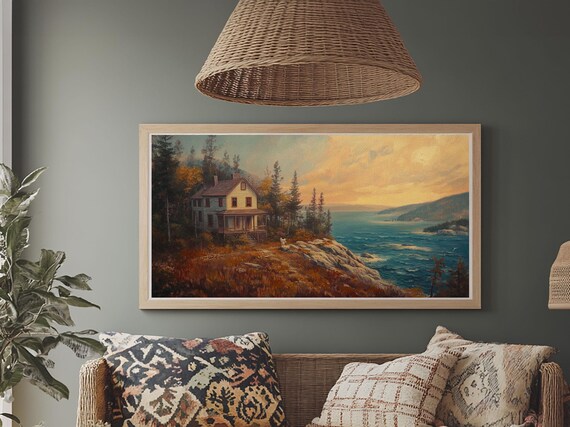 Coastal Cottage Cliff House Sunset Ocean View Landscape Travel Poster