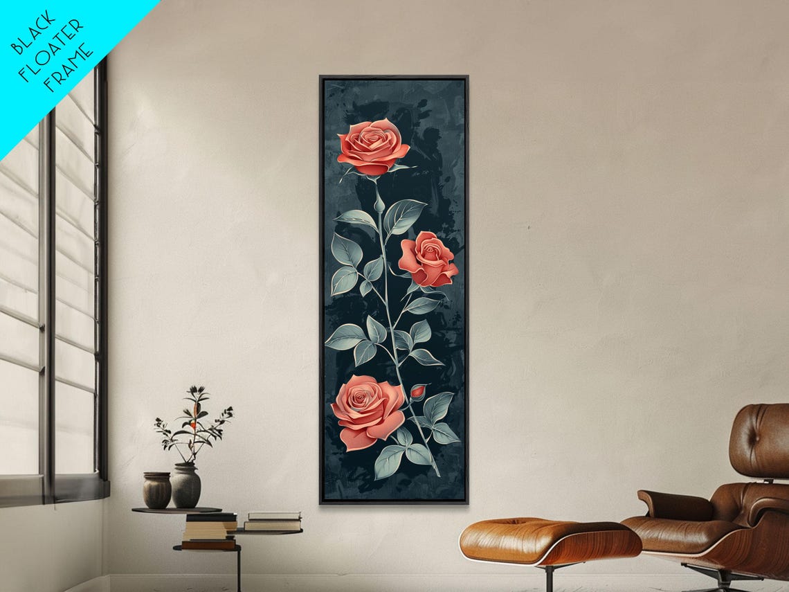 Vintage Coral Roses With Dark Green Leaves On Deep Teal Art Poster - Image 5