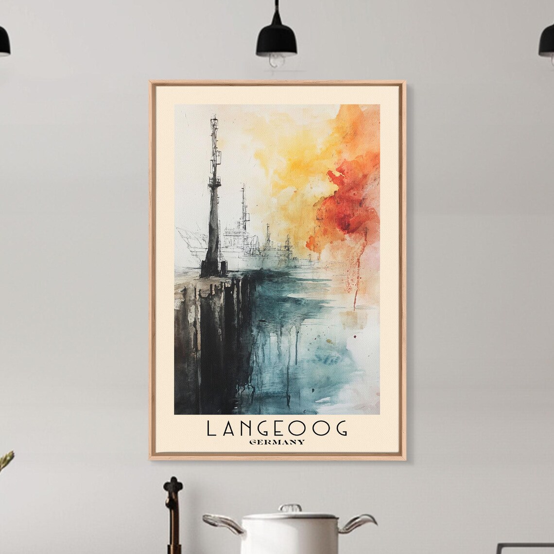 Langeoog Germany Harbor Ship Sunset Ink Wash Watercolor Poster - Image 6