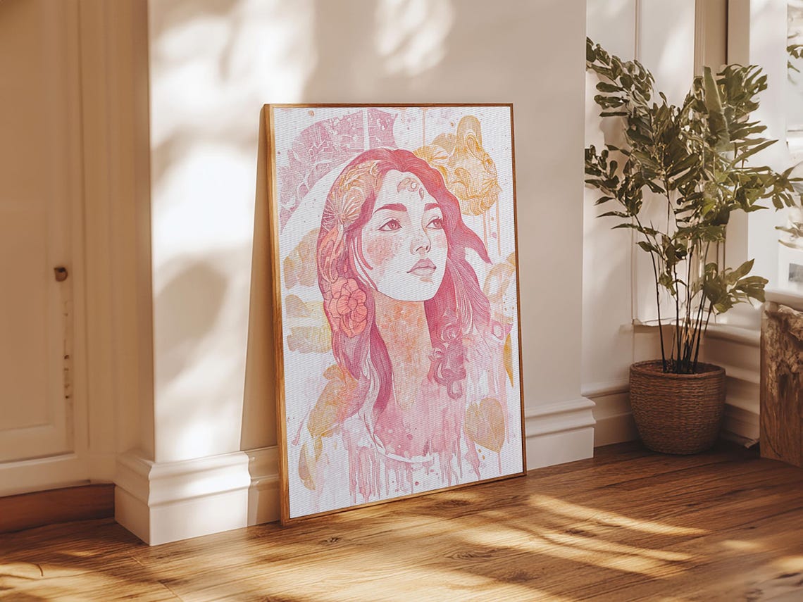 Pink Goddess Portrait Watercolor Floral Feminine Muse Wall Art Poster - Image 2