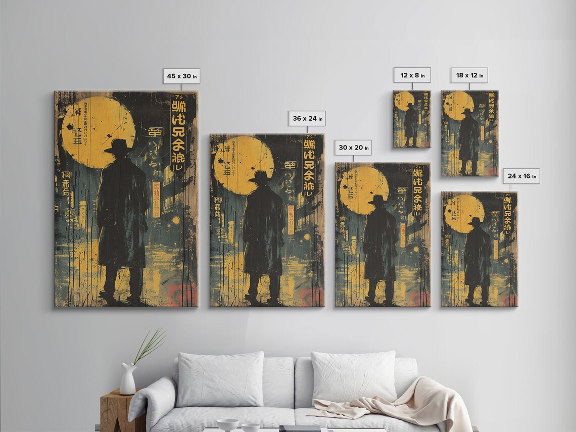 Noir Detective Rainy City Street Yellow Moon Japanese Poster Print - Image 2