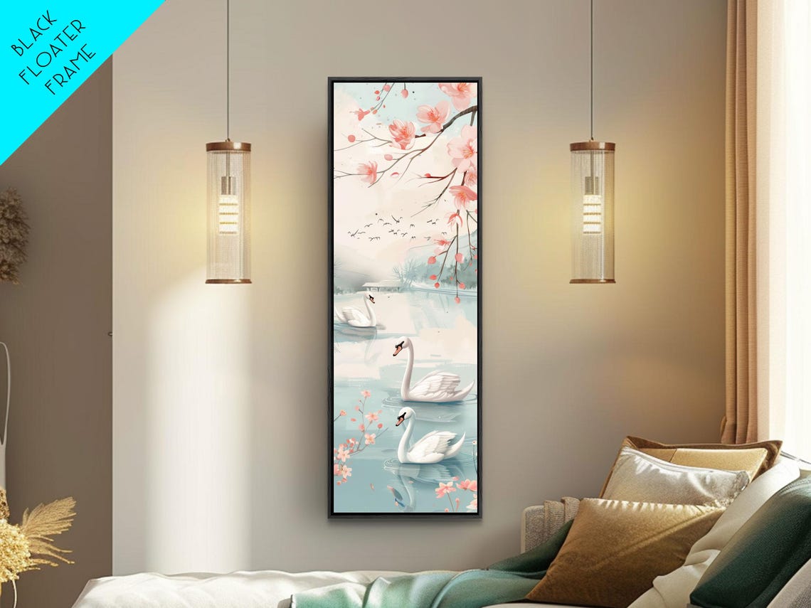 White Swans Lake Cherry Blossoms Japanese Style Tall Art Poster - Image 5