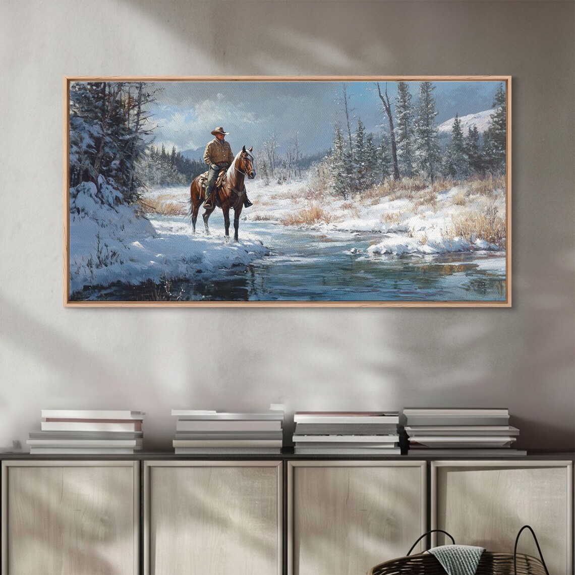 Cowboy Riding Horse Through Vibrant Autumn Forest Framed Print Tall Fall Wall Art Rustic Western Decor Moody Landscape