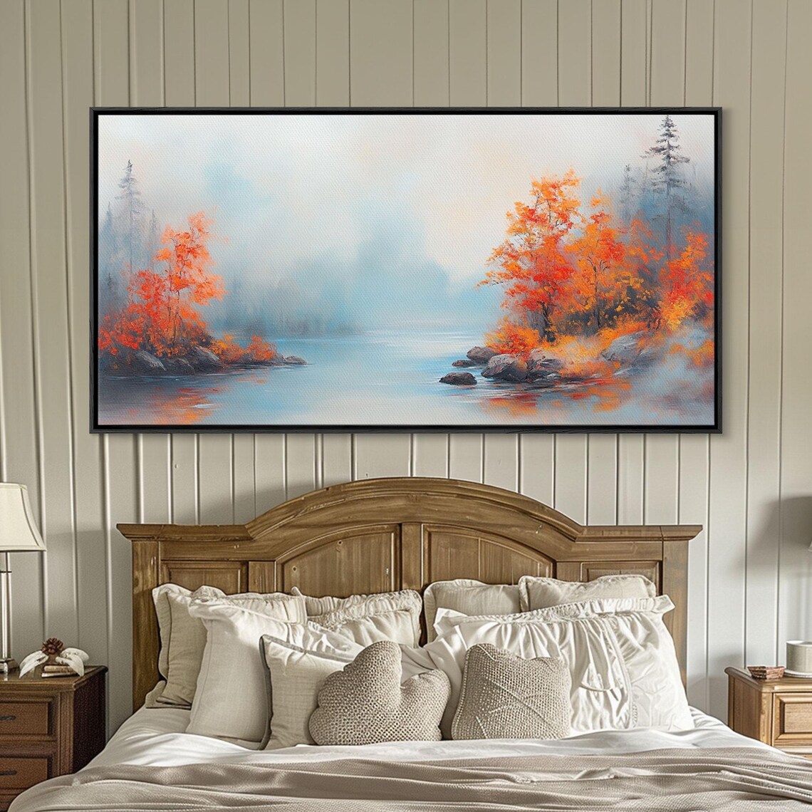 Fall On The Lake Framed Print Beautiful Seasonal Decor Moody Landscape Painting - Image 2