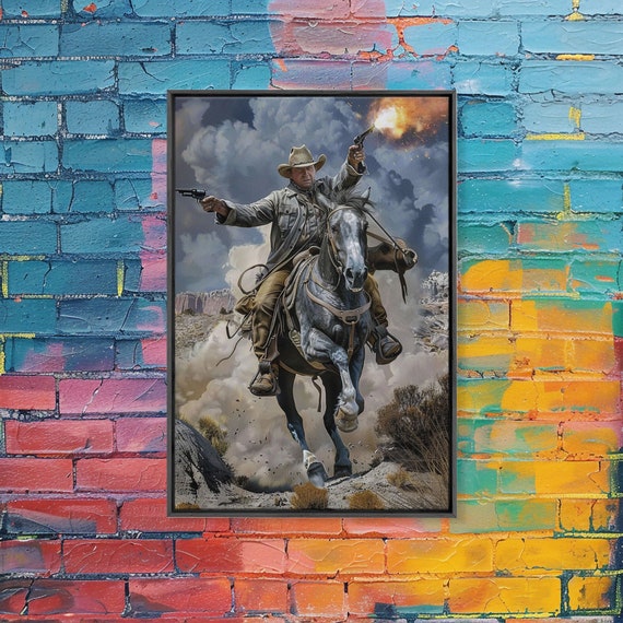 Framed Print Dynamic Cowboy Shooting Pistols Wall Art Western Decor For Living Room Or Bedroom Exciting Wall Art Home Decoration