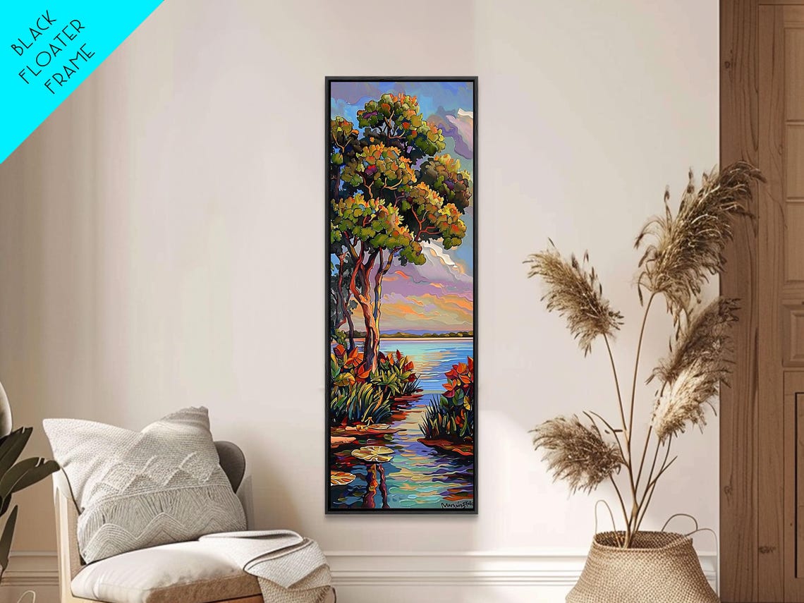 Sunset Over Waterway With Tall Trees And Lily Pads Impasto Lake Poster