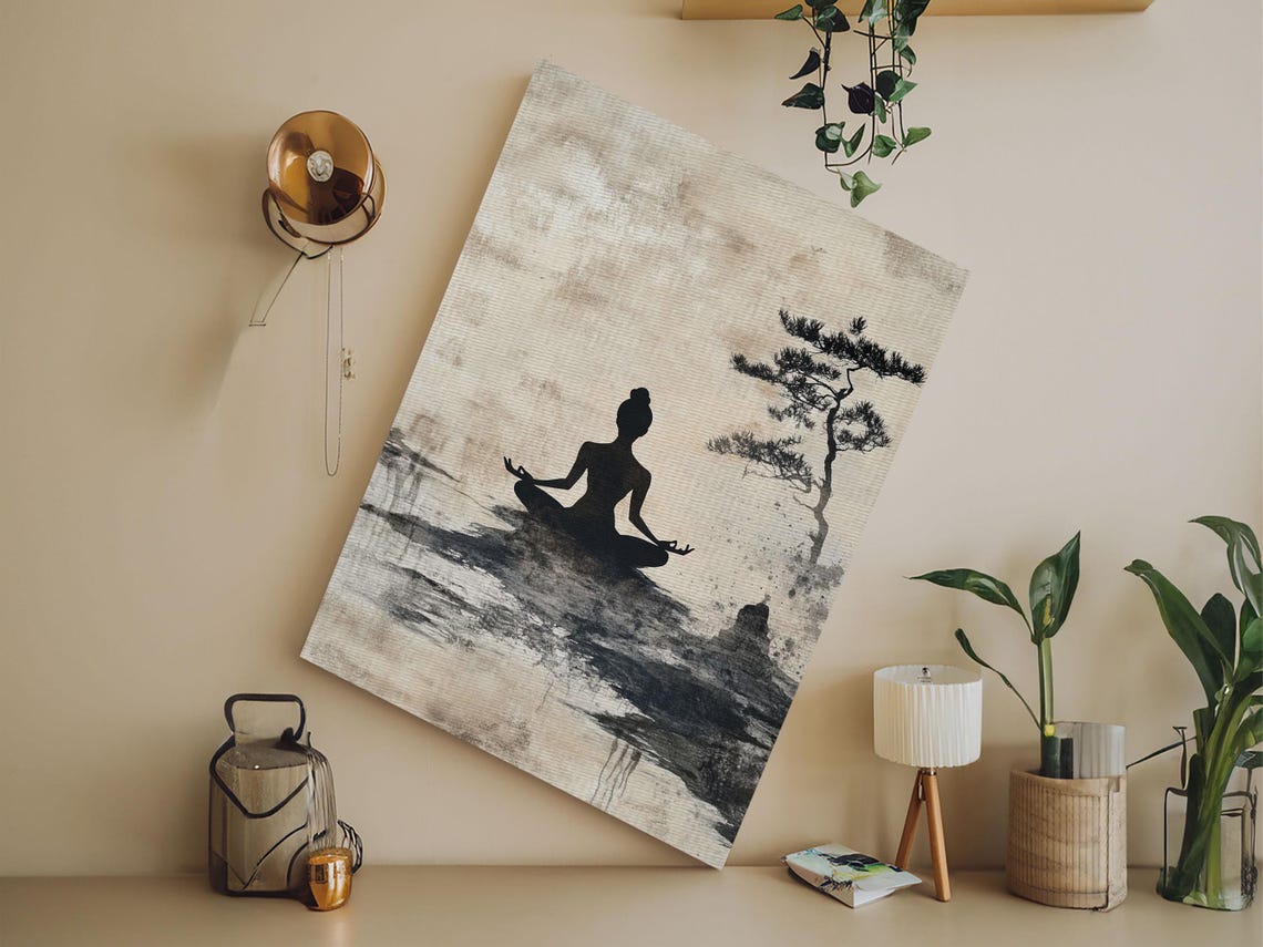 Zen Meditation Silhouette Pine Tree Ink Wash Minimalist Calm Wall Art - Image 4