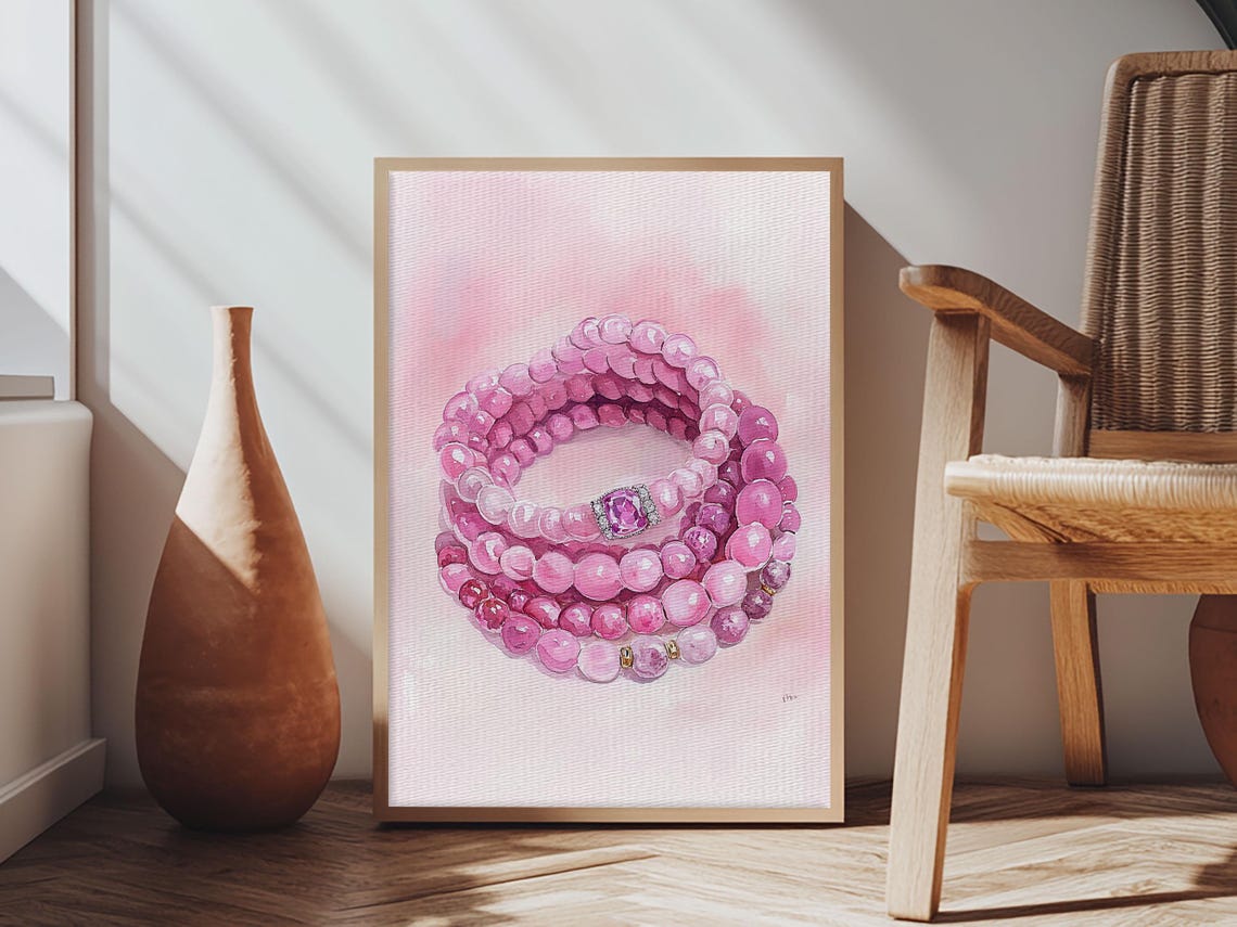 Pink Beaded Bracelet Watercolor Gemstone Jewelry Art Room Poster - Image 2