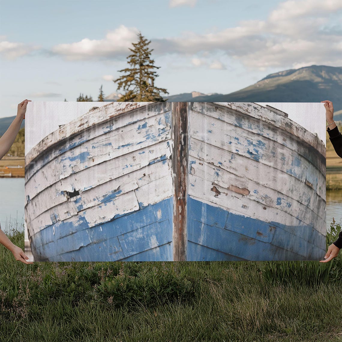 Weathered Old Wooden Boat Hull Peeling Blue Paint Nautical Wall Art