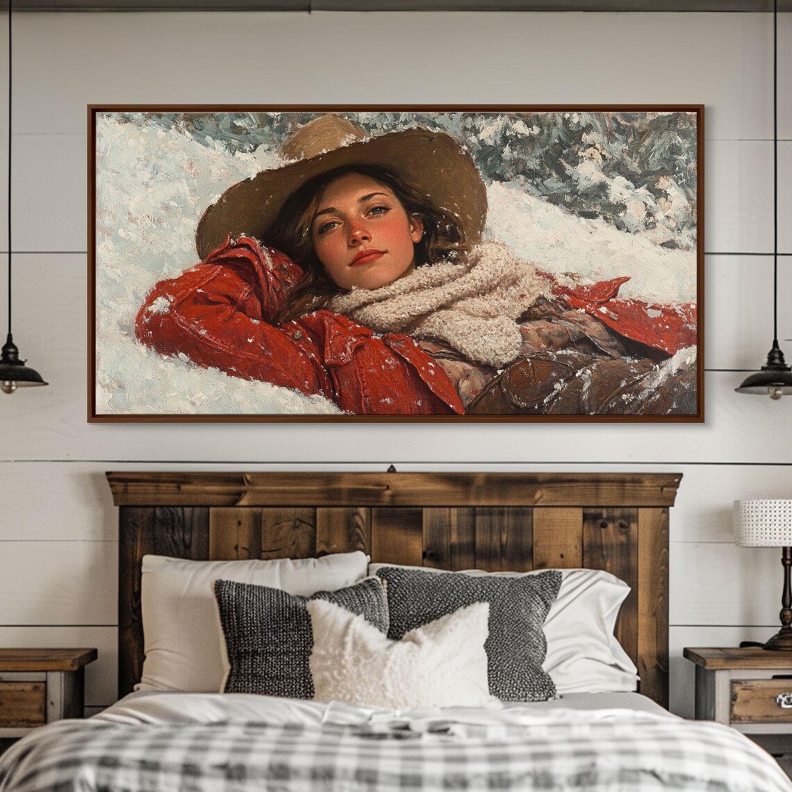 Cowgirl Lying In Snow In Red Jacket Peaceful Winter Portrait Poster - Image 5