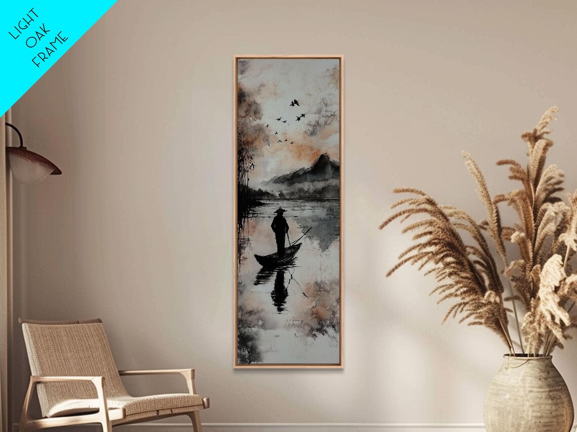 Misty Lake Fisherman in Boat Ink Wash Mountains Birds Wall Art - Image 5