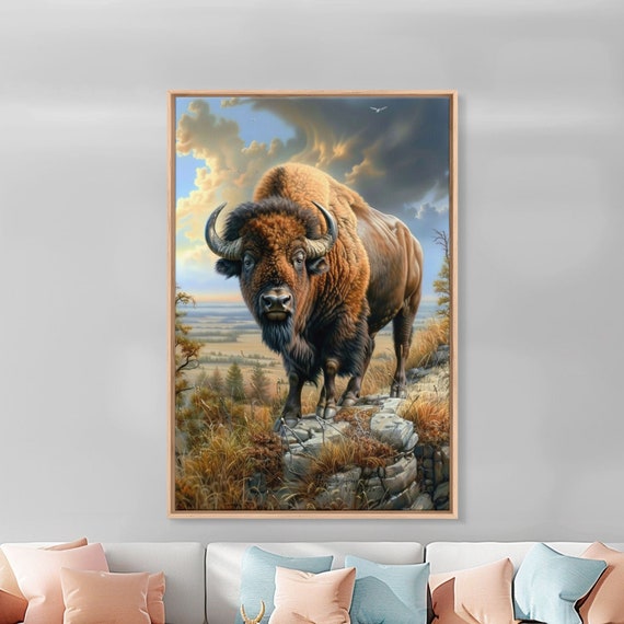 Powerful Bison In Prairie Landscape Framed Print Western Wildlife Wall Art Bison Decor For Living Room And Bedroom