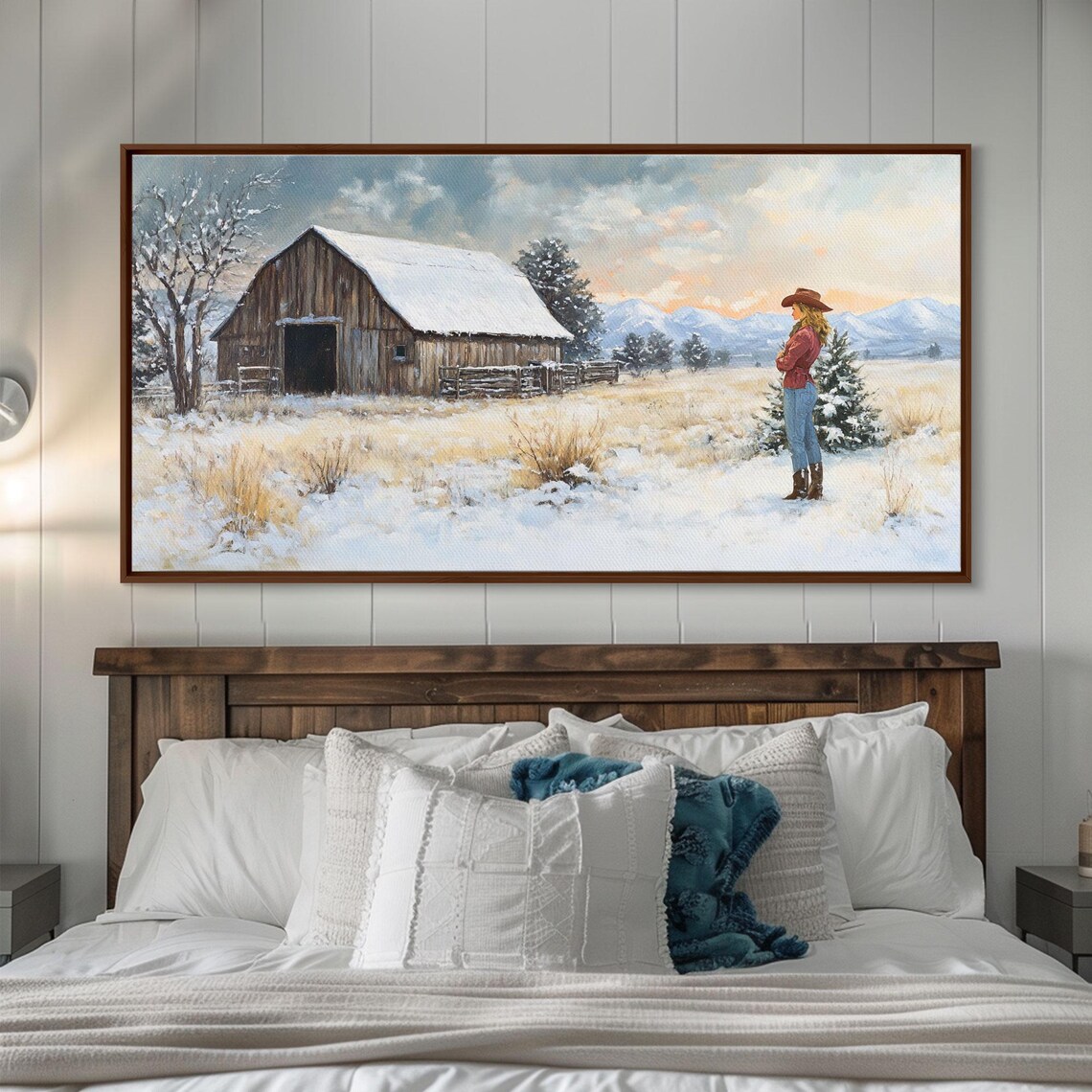 Cowgirl By Snowy Barn In Winter Pasture Mountain Sunrise Art Poster - Image 3