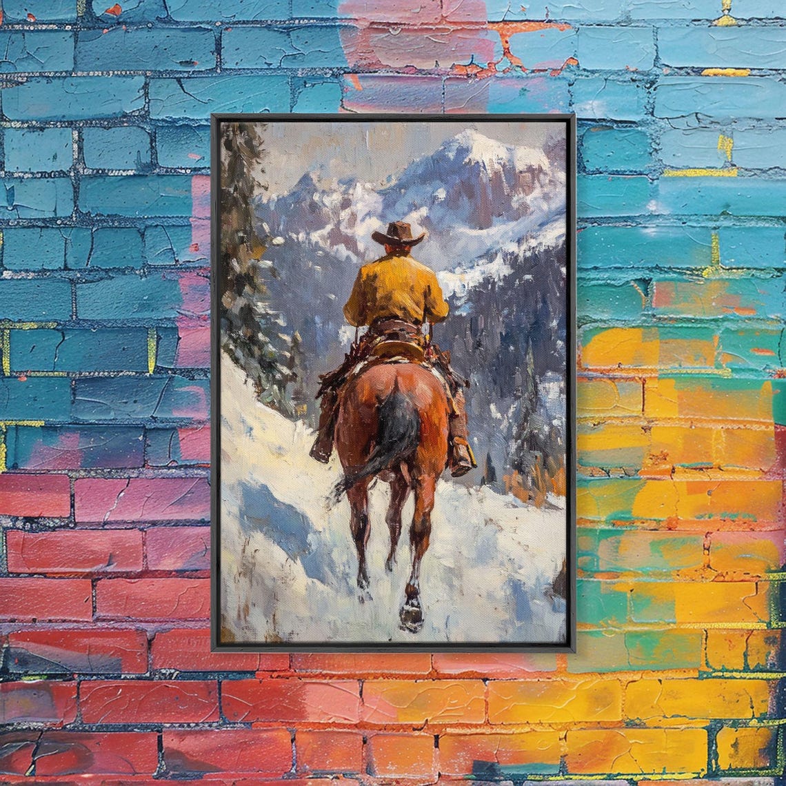 Cowboy On Horseback Snowy Mountain Valley Trail Western Poster - Image 2