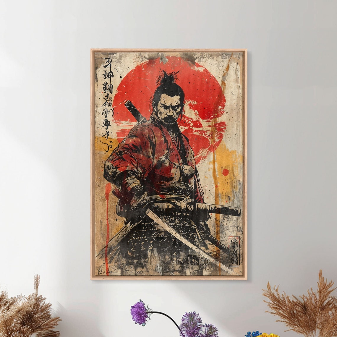 Vintage Samurai Katanas Red Sun Splatter Japanese Grunge Wall Art - Image 4