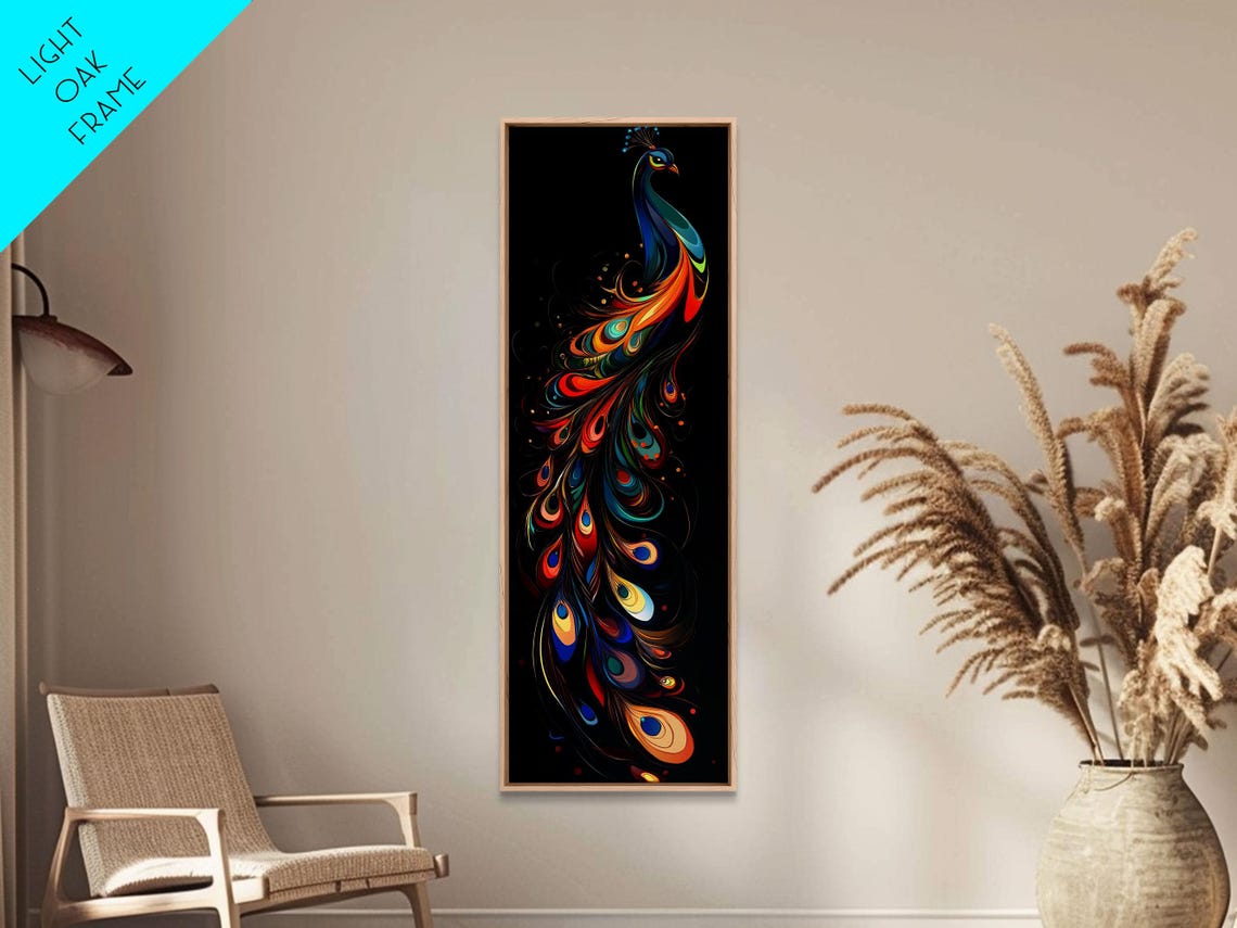 Whimsical Rainbow Peacock Black Background Vertical Boho Art Poster