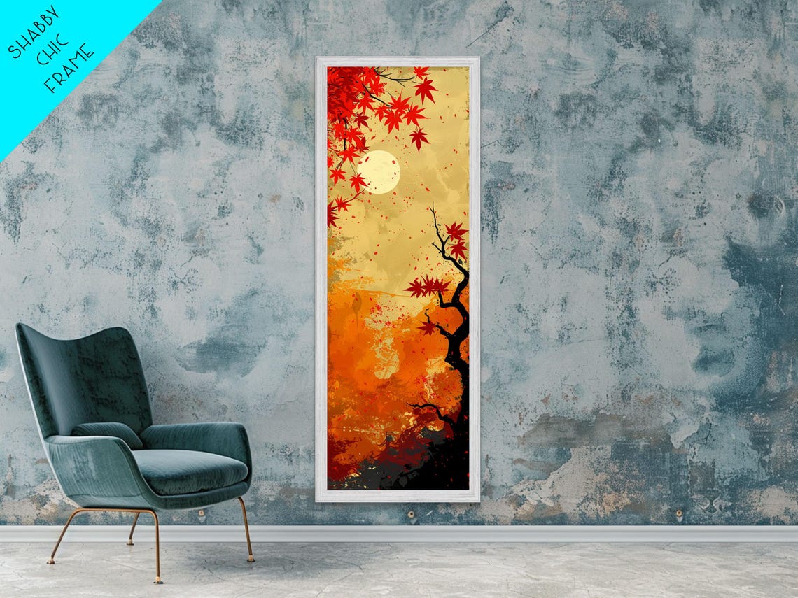 Japanese Red Maple Leaves Golden Moon Sky Autumn Woodblock Art Poster - Image 6