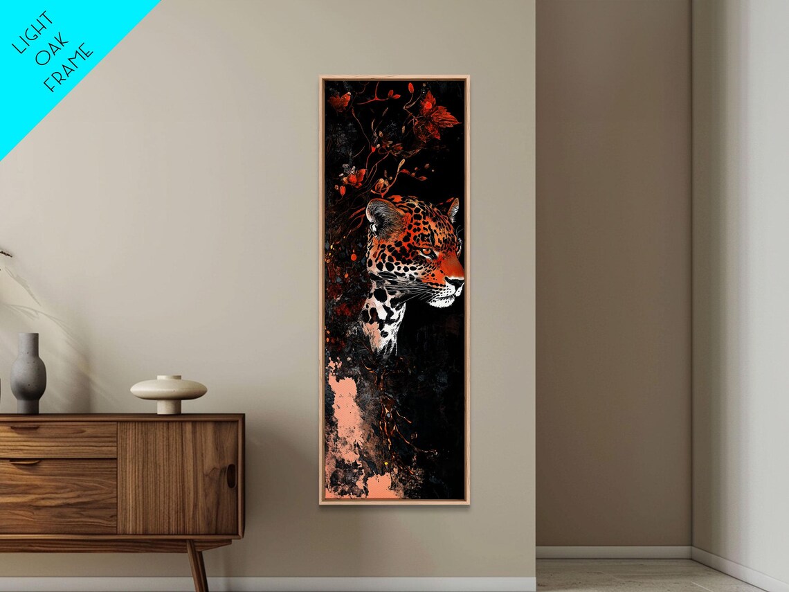Leopard Head Autumn Leaves Red Flowers Black Background Wildlife Art Poster - Image 6