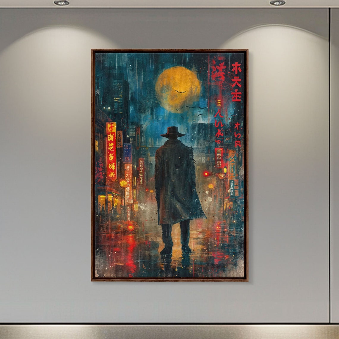 Tokyo Night Rainy Street Poster Detective Under Golden Moon Cityscape
