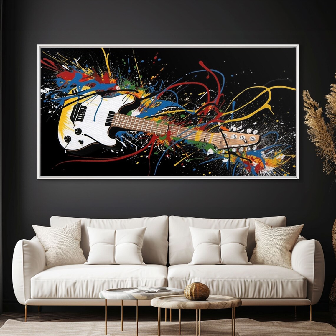 Electric Guitar Paint Splatter Colorful Music Art Black Background Poster - Image 3