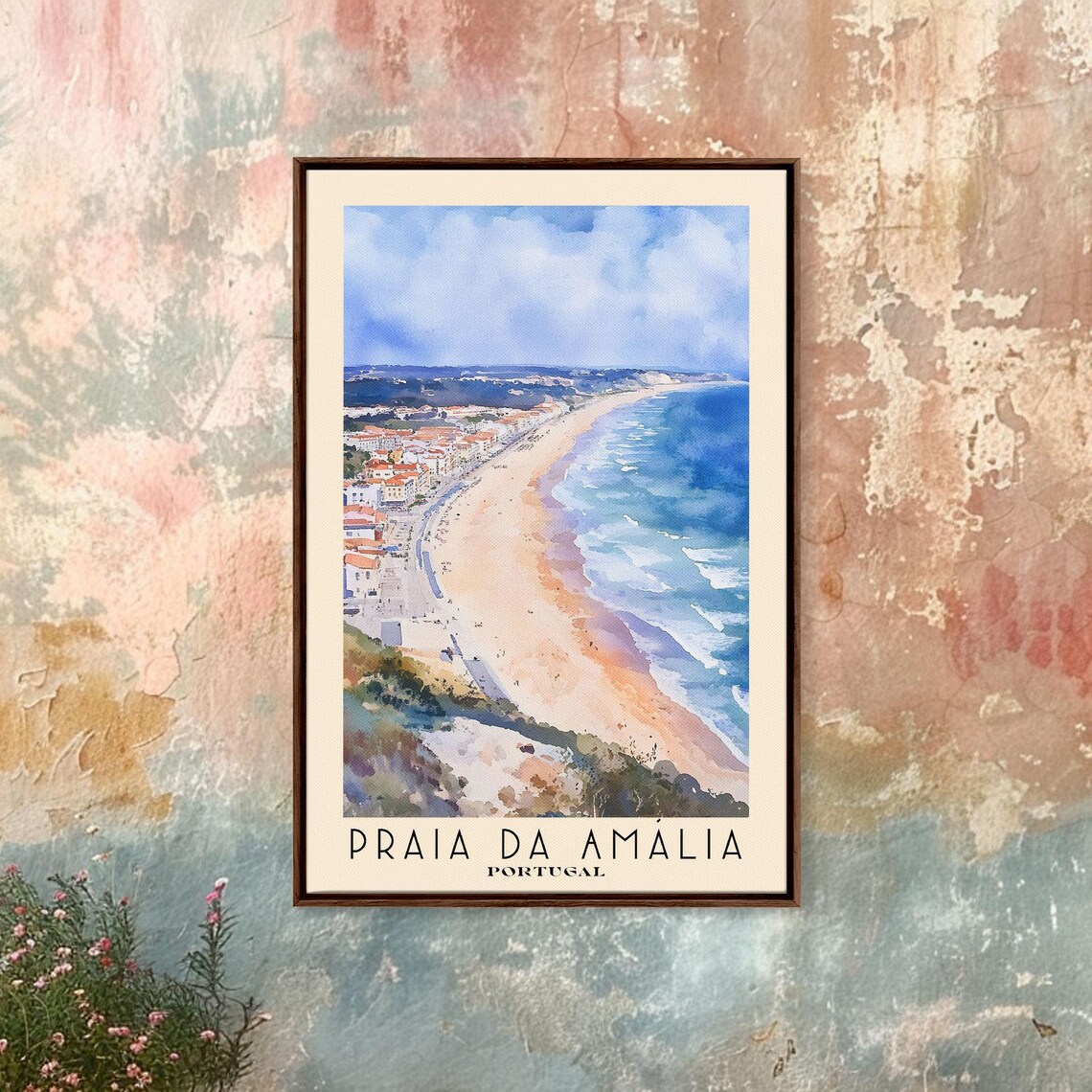 Praia da Amalia Portugal Beach Town Red Roofs Coast Watercolor Poster