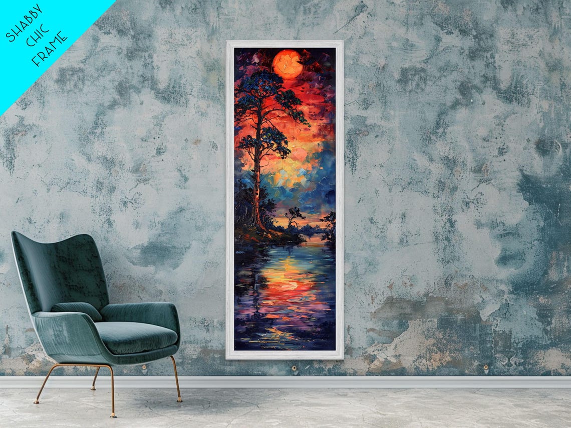 Sunset Over Lake With Lone Pine Tree Impasto Colorful Evening Poster - Image 6