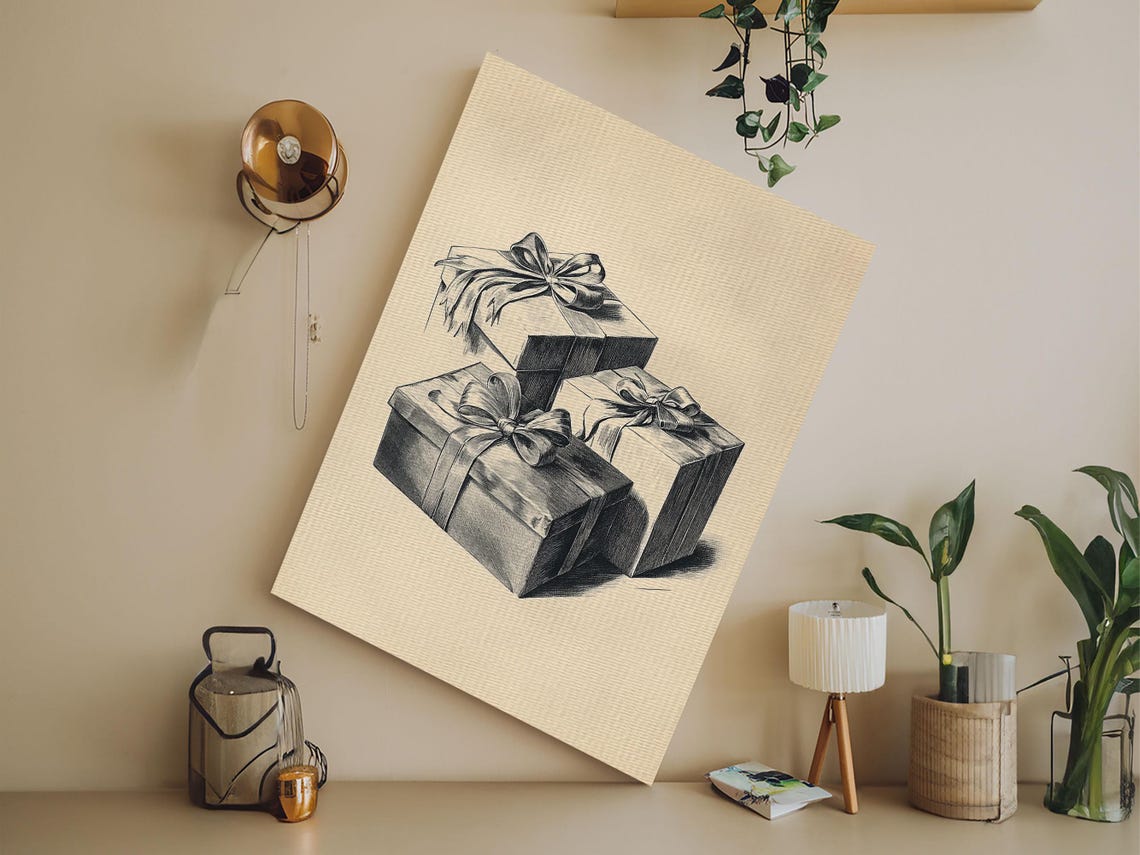 Three Wrapped Christmas Gifts Bow Sketch Vintage Holiday Poster Art - Image 3