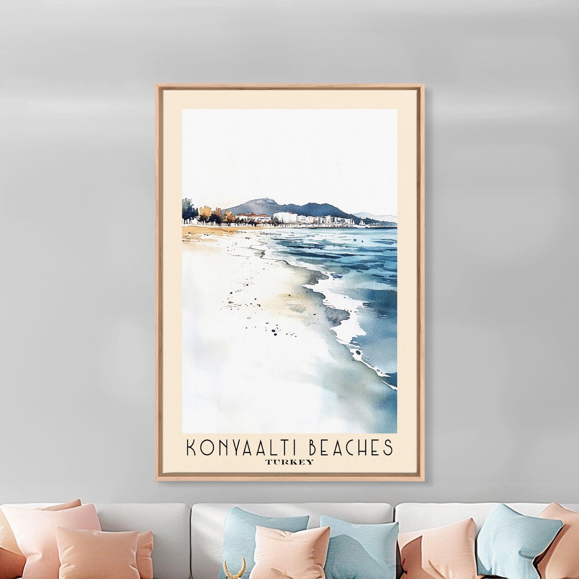 Konyaalti Beaches Turkey Long Shore City Mountain View Watercolor Poster - Image 3