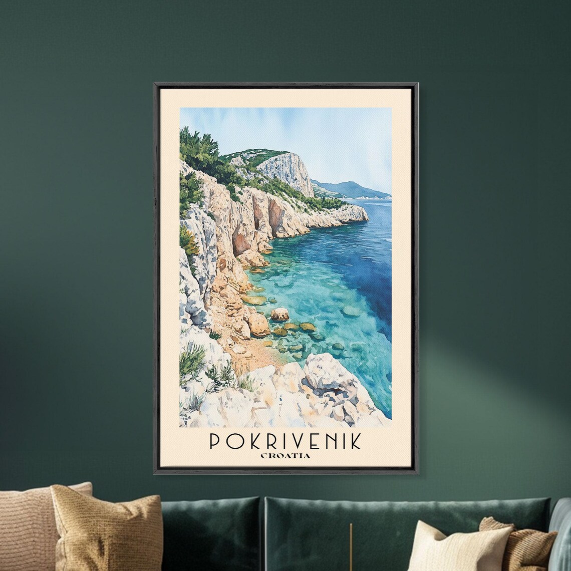 Pokrivenik Croatia White Rocky Cliffs Clear Turquoise Sea Pine Coast Watercolor Poster - Image 5