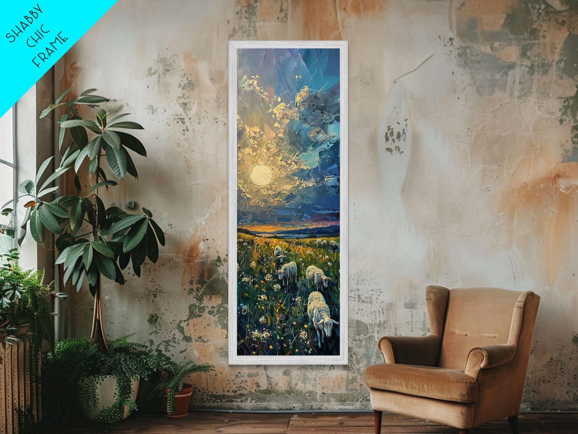 Lambs Grazing In Wildflower Meadow At Sunset Impasto Field Poster - Image 3