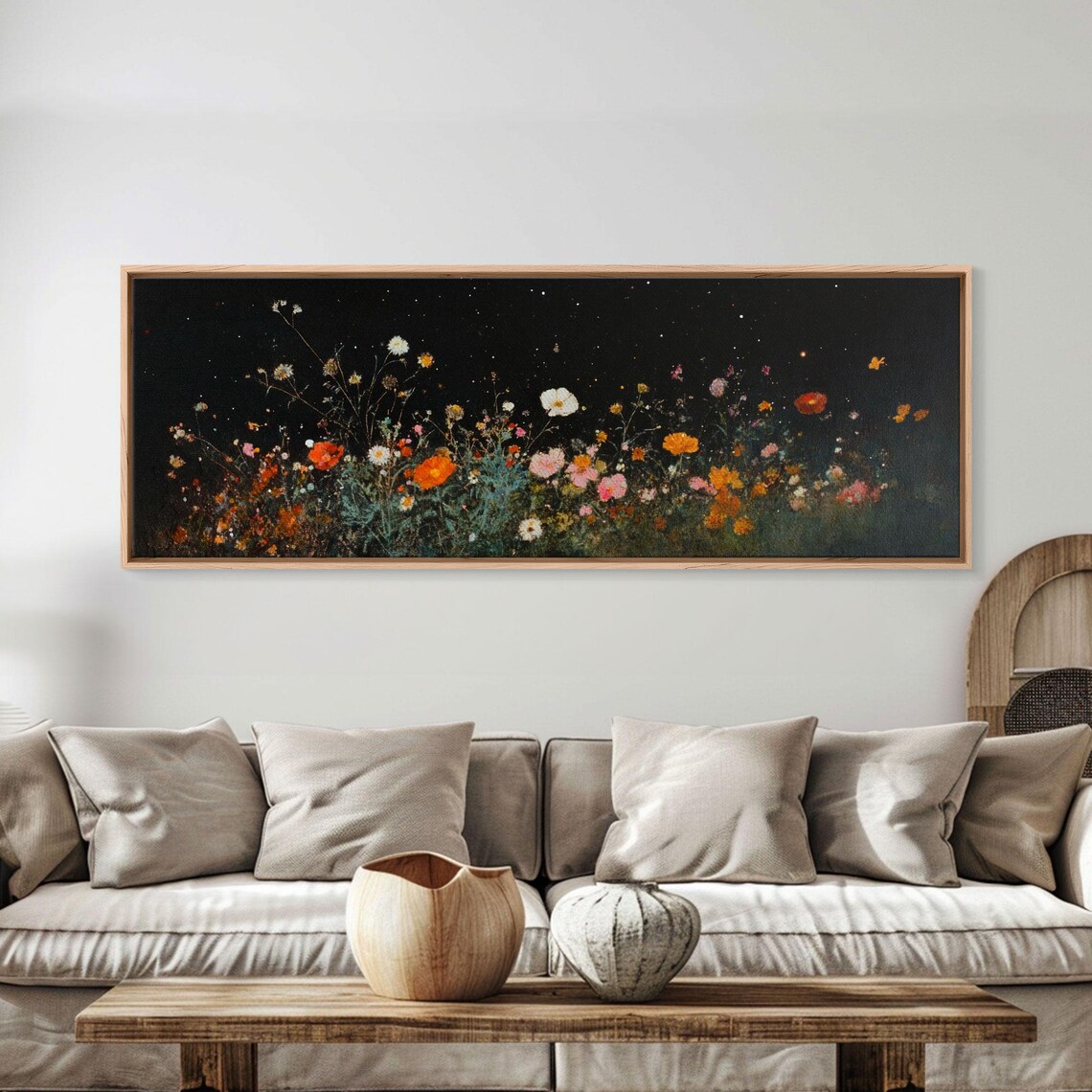 Dark Moody Wild Flowers Under A Full Moon Framed Print Panoramic Extra Wide Wall Art Oversized Home Decor - Image 5