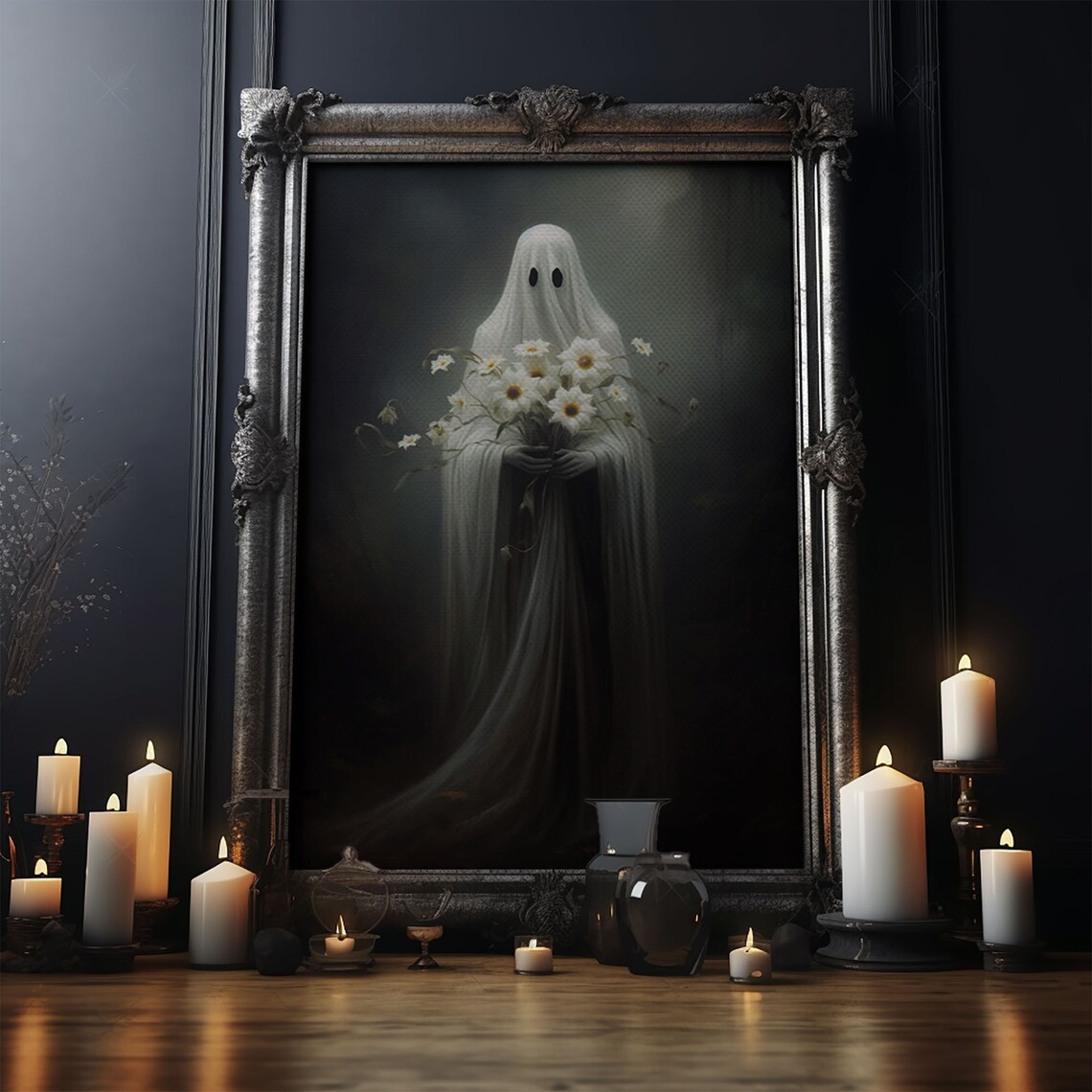 The Ghost With The Flowers, Gothic Halloween Art Print - Image 4