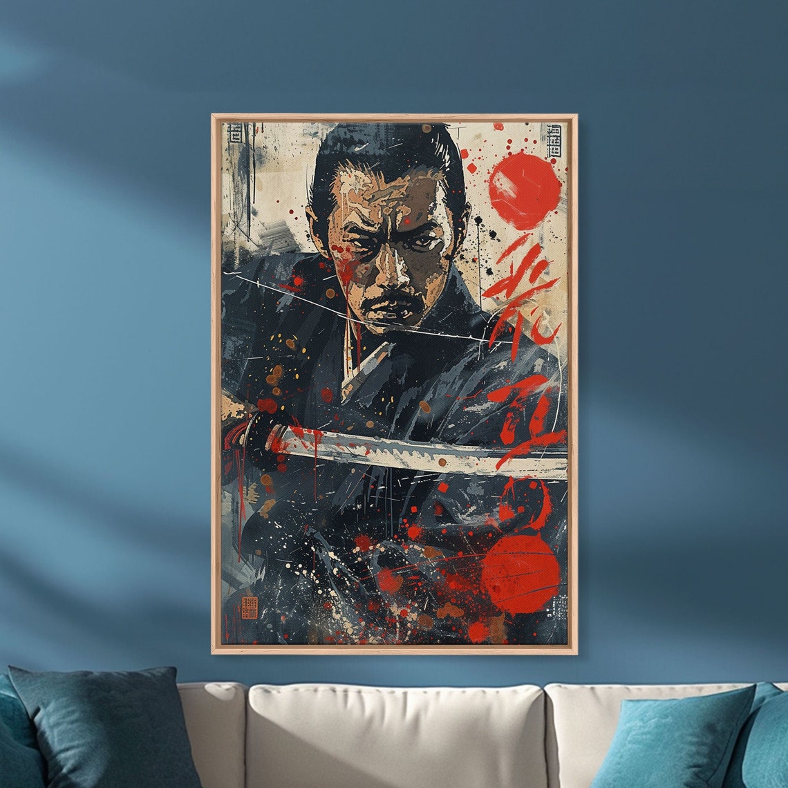 Fierce Samurai Katana Red Splatter Japanese Ink Grunge Wall Art Print - Image 3