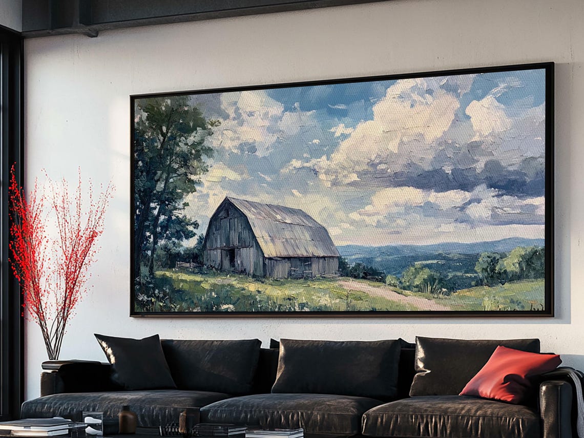 Rustic Old Barn Hilltop Panoramic Countryside Cloudy Sky Art Print - Image 6