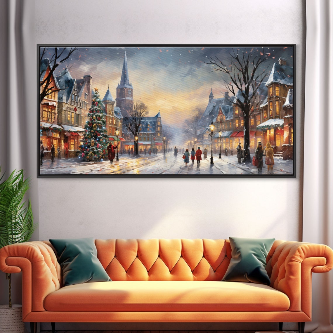 Snowy Christmas Town Square Tree Church Spire Lanterns Dusk Art Poster - Image 5
