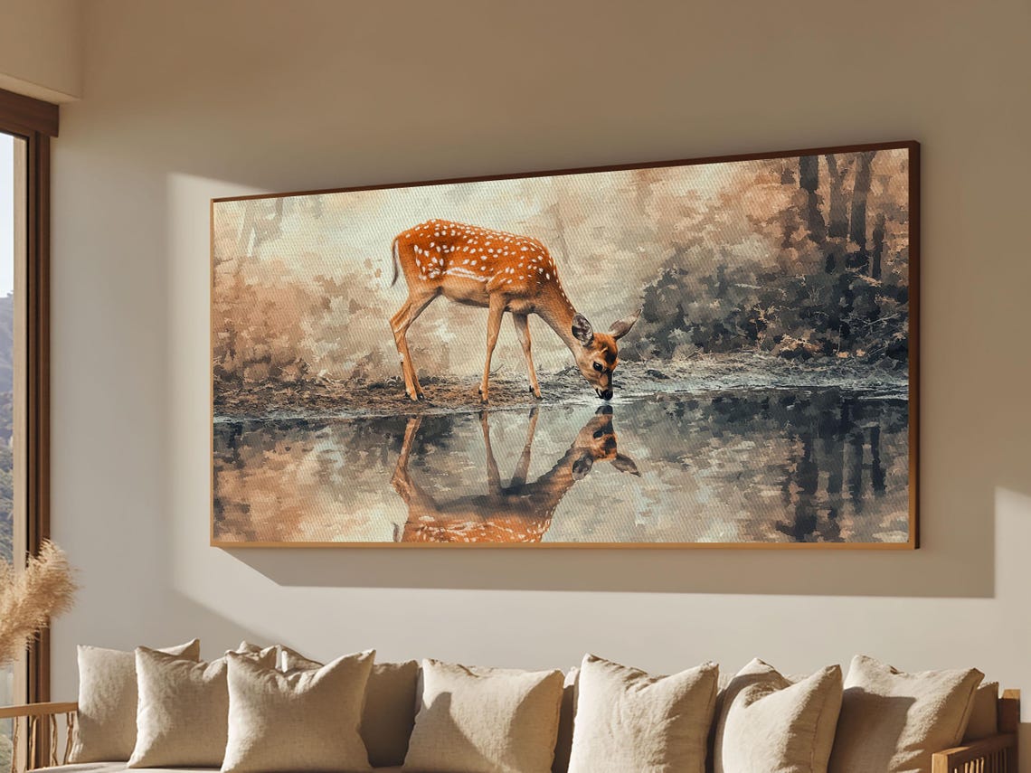 Reflection Of A Deer Drinking Water Framed Print Cute Farmhouse Wall Art Farmhouse Decor