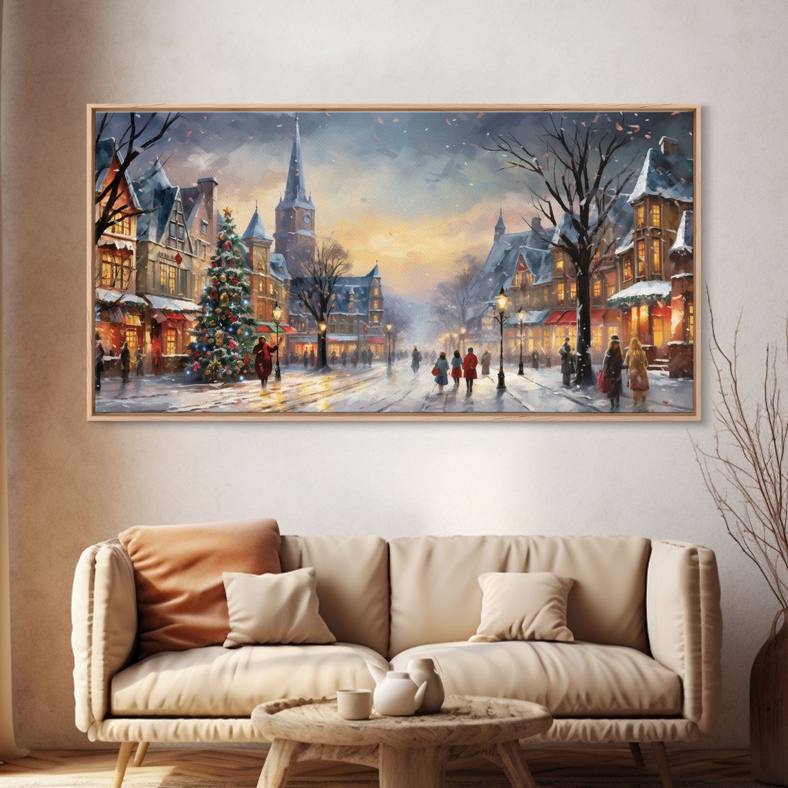 Snowy Christmas Town Square Tree Church Spire Lanterns Dusk Art Poster - Image 4
