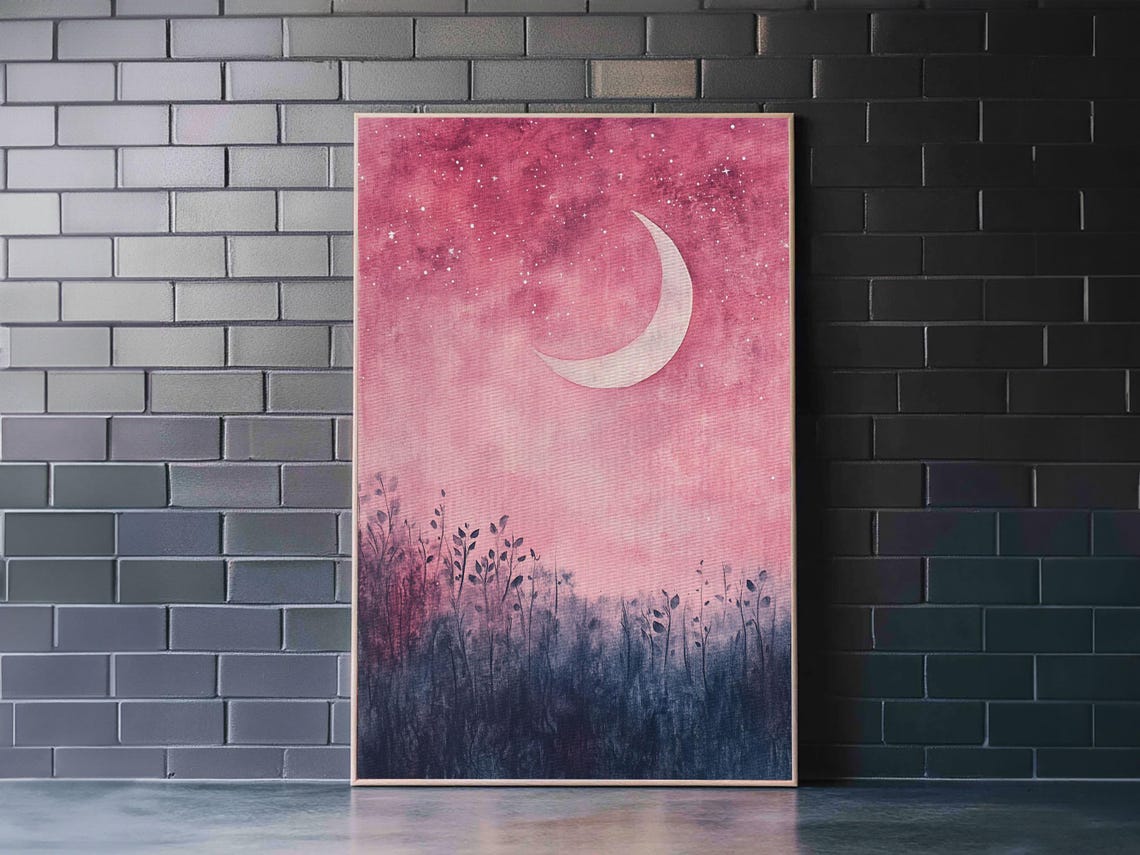 Crescent Moon Over Pink Starry Night Meadow Watercolor Wall Art