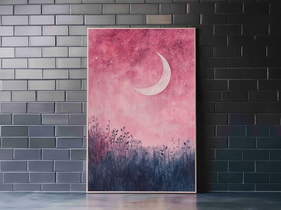 Crescent Moon Over Pink Starry Night Meadow Watercolor Wall Art