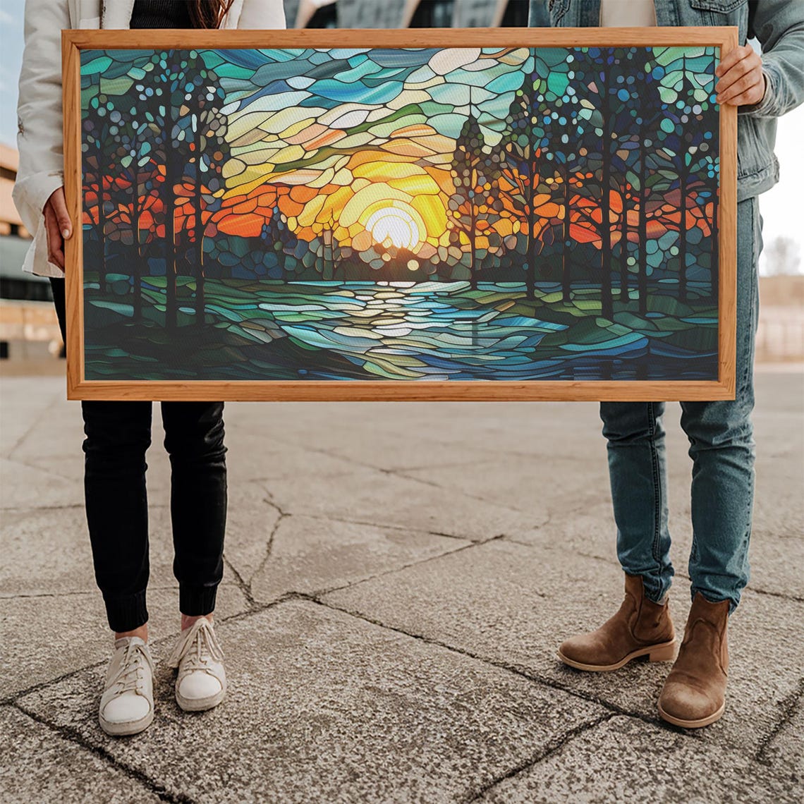 Stained Glass Mosaic Forest Sunset River Panoramic Landscape Poster - Image 5
