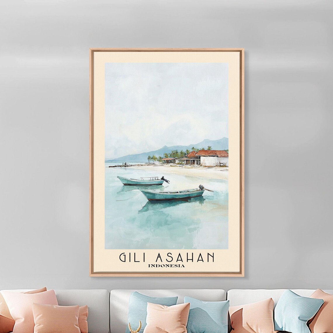 Gili Asahan Indonesia Fishing Boats Anchored Calm Water Beach Harbor Watercolor Poster - Image 3