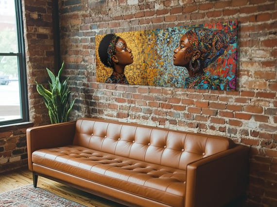 Afrocentric Print African Tribal Art Modern Boho Decor Guest Room Wall Art Horizontal Living Room Art Unique Painting
