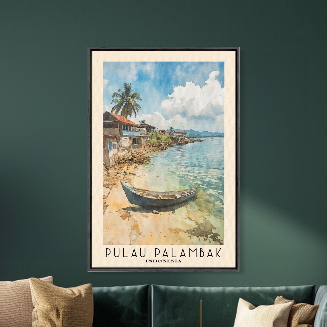 Pulau Palambak Indonesia Wooden Boat Shallows Stilt Houses Palm Shore Watercolor Poster - Image 5