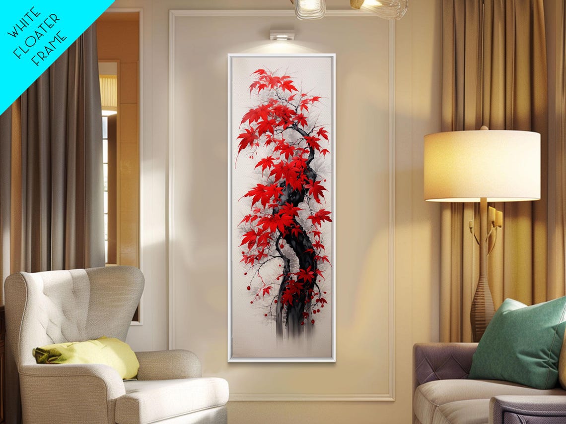 Red Japanese Maple Leaves On Twisted Trunk Ink Style Wall Art - Image 3