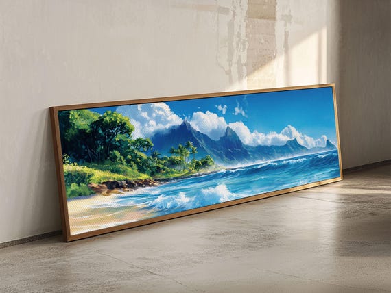 Tropical Paradise Beach Framed Print Panoramic Hawaii Coastal Painting Nautical Wall Art Ocean View Living Room Wall Decor