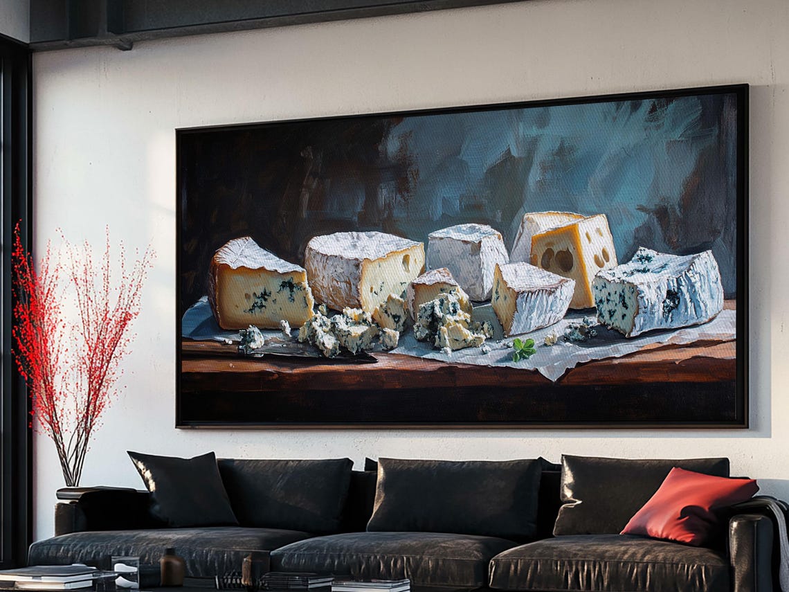 Blue Cheese Wedges Still Life Dark Table Rustic Oil Painting Print - Image 3